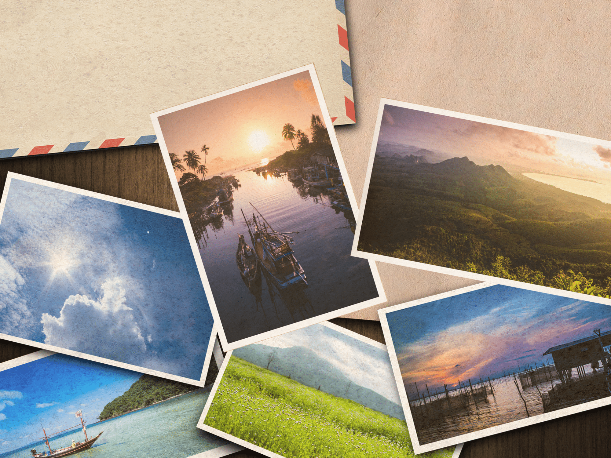Postcards in a pile.