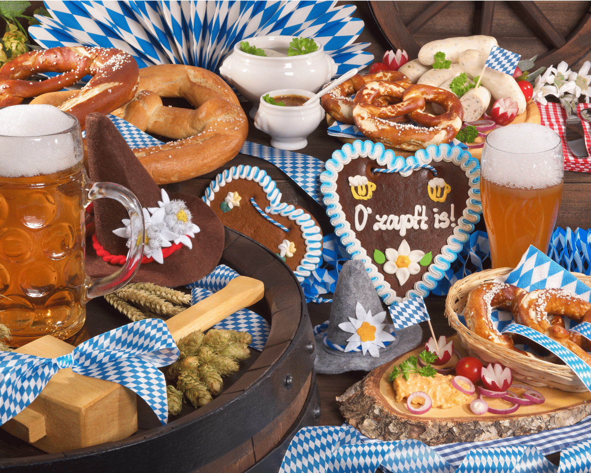 Oktoberfest fare including pretzels, cookies, and cheese.